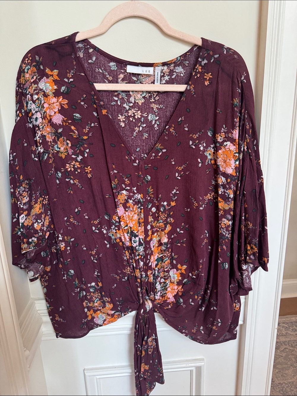 Floral Tie-Front V-Neck Blouse in Maroon